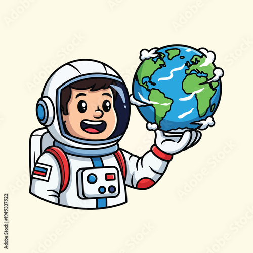 A cartoon astronaut smiles, holding the Earth in his gloved hand. The illustration has a clean, flat design with bright colors on a light background