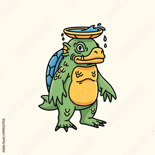 A cartoon creature stands holding a bowl of water on its head, water spilling. It has a green body, yellow belly, blue shell