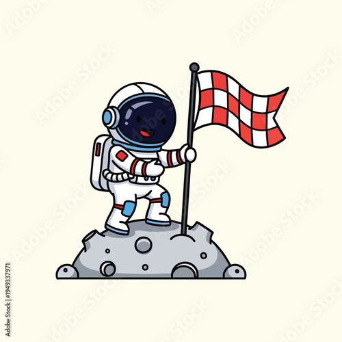 A cartoon astronaut standing proudly on a lunar surface, planting a checkered flag. The figure has a cute, simplified style with bold outlines