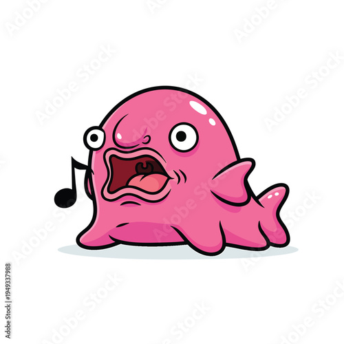 A cartoon creature, rendered in pink with black outlines, opens its mouth wide, singing a note on a white background