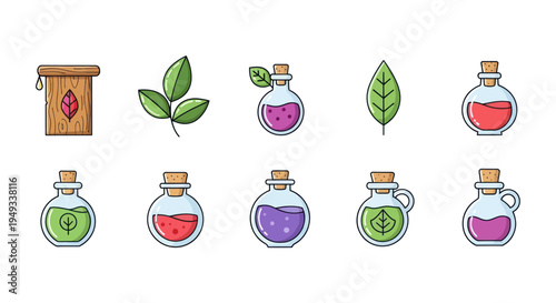 Potion bottles and leaves vector illustration