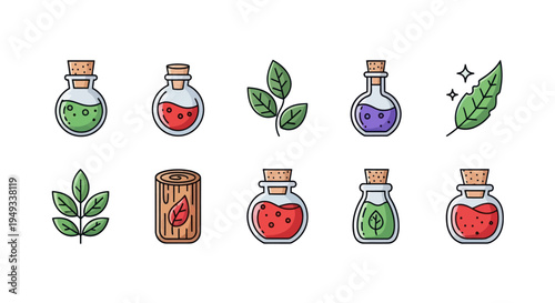 Potion bottles and leaves vector set