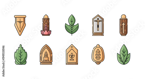 Religious icons and green leaves illustration