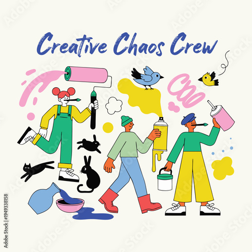 Creative Chaos Crew Street Art — Graffiti Artists and Fun Animal Mayhem Cartoon Illustration