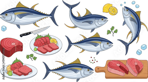 Fresh raw tuna fish vector set with whole yellowfin tuna swimming, red fillet steaks on wooden board, sashimi platter, lemon, knife, and ice cubes isolated on white background.