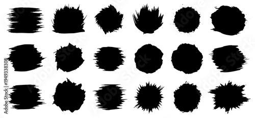 Collection of 20 unique black brush stroke textures and shapes on a white background for design and artistic use