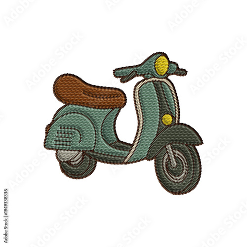 Vintage moped embroidery patch, retro teal scooter with brown seat, realistic stitched thread texture. Classic European transport clipart for travel merch, summer branding and stickers.