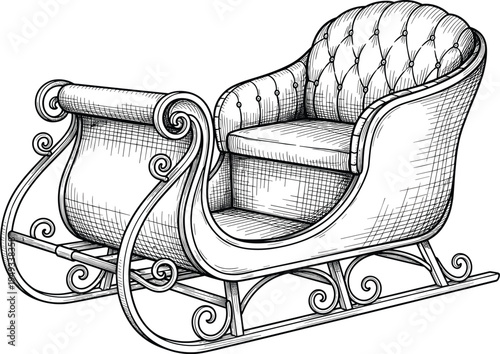 Vintage sleigh illustration, classic winter carriage design, antique holiday transport vehicle, decorative engraved style, festive Christmas sleigh vector