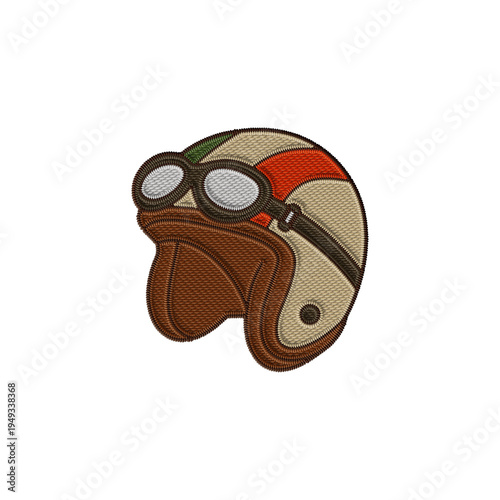 Vintage embroidered motorcycle helmet patch clipart. Beige, brown, and red racing stripes on a classic helmet with detailed stitching and attached goggles. Perfect digital asset for travel merch