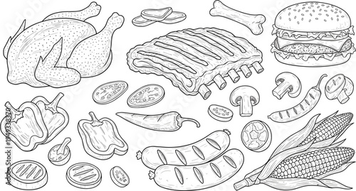 Hand drawn vector illustration set of barbecue grilled foods in sketch style featuring whole chicken ribs burger sausages corn mushrooms and peppers isolated on white background.