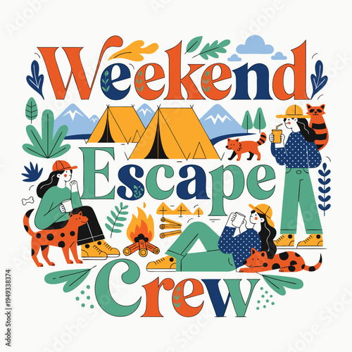 Nature Getaway Illustration — Weekend Camping Crew with Mountains and Campfire Fun