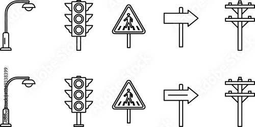 Traffic road sign icon set, street lamp traffic light pedestrian crossing arrow and utility pole symbols, outline vector illustration