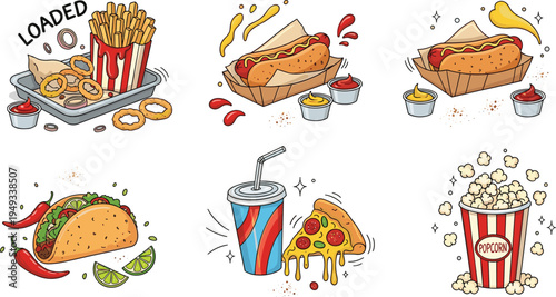 Hand drawn vector illustration set of delicious fast food snacks including hot dogs popcorn pizza slice taco french fries and onion rings isolated on white background.