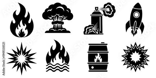 Collection of explosive and fiery icons including flames bomb rocket and spray paint