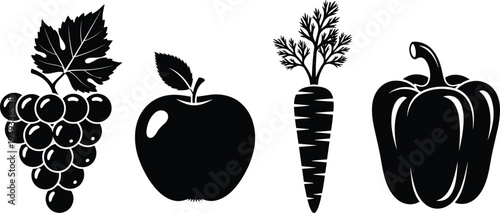 Fresh Organic Fruits and Vegetables Collection Featuring Grapes Apple Carrot and Bell Pepper Silhouettes for Healthy Eating Design CAD Drawing Flat Vector Illustration