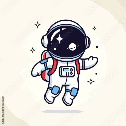 A cartoon astronaut wearing a white spacesuit and a dark helmet floats in a light-colored space with stars and a planet graphic