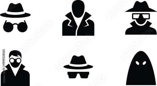 Mysterious spy and hacker silhouettes set, featuring incognito characters in hats, sunglasses, and trench coats for cyber security, privacy, and detective concept vector icons.