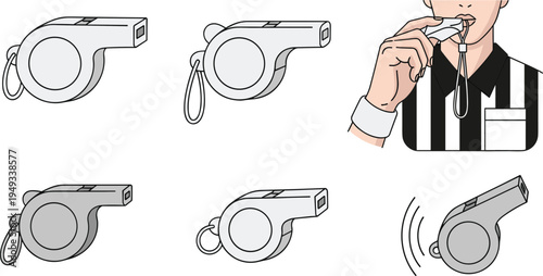 Hand drawn vector illustration set of sports whistles and referee character blowing whistle for game competition coaching and training isolated on white background in flat line art style.