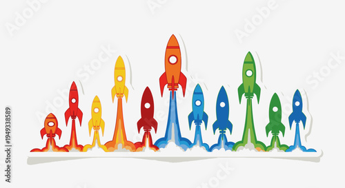 Dynamic illustration of colorful rockets taking off, symbolizing business growth, startup success, innovation, and forward momentum in technology.