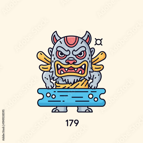 A cartoon creature with an angry face, horns, and large teeth stands in front of a blue shape. A symbol floats above it. The number 179 appears below