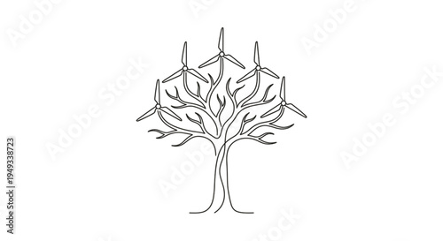minimalist line art of a tree with wind turbines growing from its branches. Vector illustration representing green power, environmental innovation, and renewable energy growth.