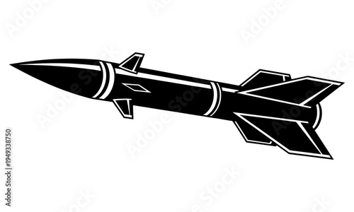 A black and white illustration of a missile with fins and guidance systems