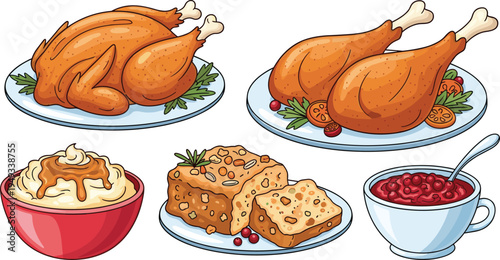 Traditional Thanksgiving Dinner Vector Set Featuring Roasted Turkey Chicken Legs Mashed Potatoes With Gravy Stuffing And Cranberry Sauce For Holiday Celebration Designs.