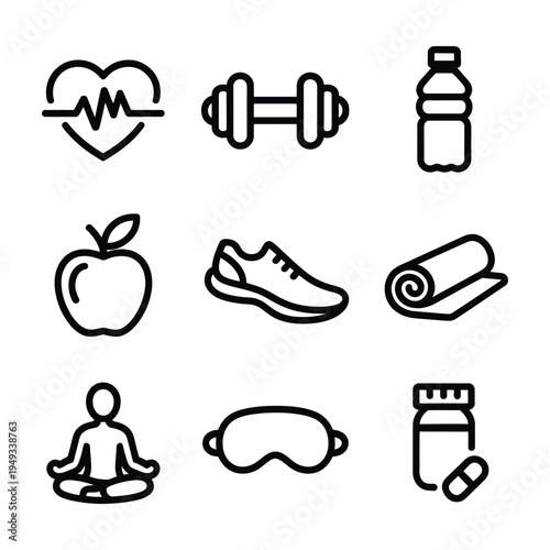 Health icon grid, solid filled icon set of singles’ health and wellness, heart rate, dumbbell, water bottle, apple, running shoe, fitness and active lifestyle concept.