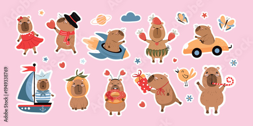A set of colorful hand-drawn funny capybara stickers . Cute animals for creating flat-style collages. Vector design.