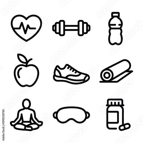 Health icon grid, solid filled icon set of singles’ health and wellness, heart rate, dumbbell, water bottle, apple, running shoe, fitness and active lifestyle concept.