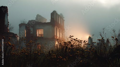 Wallpaper Mural Ruined buildings and overgrown wildflowers in dense fog at sunrise with warm light filtering through the mist. Torontodigital.ca