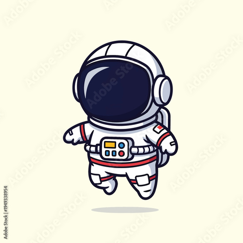 A cartoon astronaut wearing a white spacesuit with black accents and a helmet floating in the air against a neutral yellow-beige backdrop