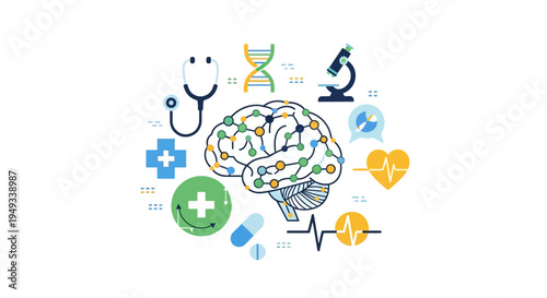 Medical Science and Healthcare Innovation Concept: Brain with DNA, Stethoscope, Microscope, Heart & Health Symbols