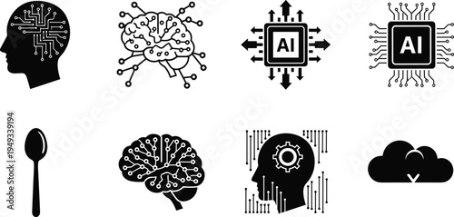 Black Silhouette Comic Speech Bubbles Set with Meditating Person and Cat, Thought Clouds, Starburst Icons for Yoga Chat, Vector Design Elements.