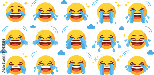 Vector illustration set of laughing yellow emoji faces with tears of joy crying with laughter expressions and sparkling stars isolated on white background