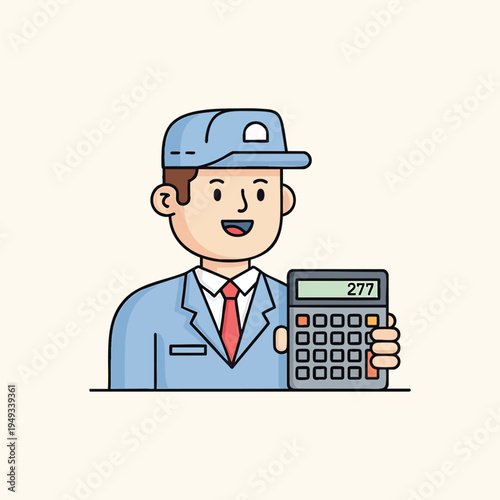 A cartoon character wearing a cap and suit holds a calculator displaying "277". The image is a simple, flat vector illustration
