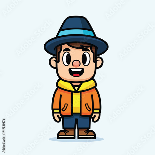 A cartoon character stands confidently, wearing a hat, hoodie, and jeans. His wide smile and pose suggest a friendly, approachable demeanor