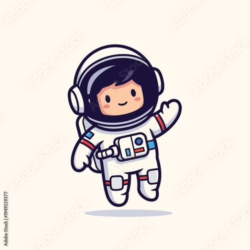 A cartoon astronaut with a smiling face wearing a spacesuit, raising one hand in greeting. The background is a simple beige color