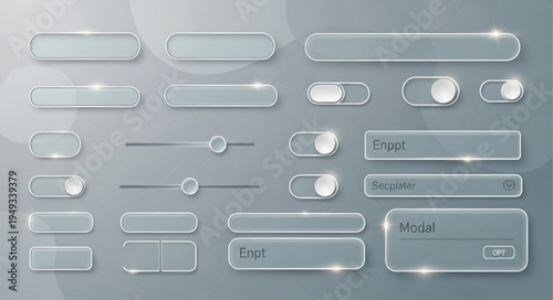 Collection of modern glass user interface elements for web design.