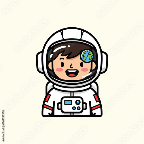 A cartoon astronaut with a wide smile and the Earth. He is wearing a white helmet and spacesuit, with black outlines
