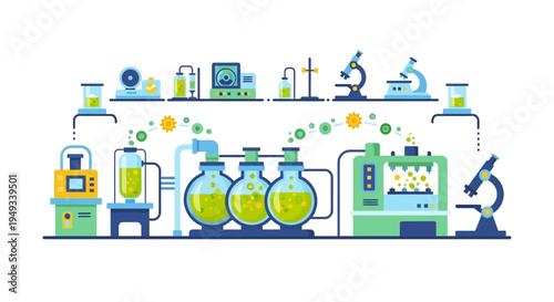 Modern Scientific Laboratory Research Process Illustration: Automated Chemical & Biological Experimentation with Lab Equipment