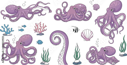 Vector illustration set of purple octopus characters in various poses with underwater ocean elements like coral seashells tropical fish and seaweed isolated on white background
