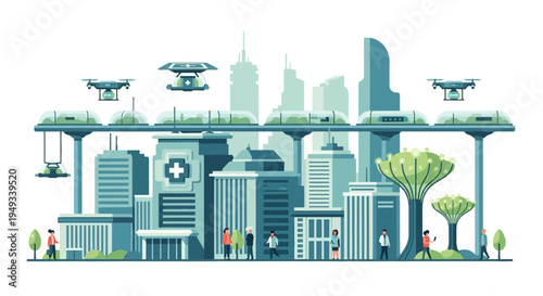 Futuristic Smart Cityscape with Drone Delivery, Sustainable Elevated Transport, and Advanced Urban Technology
