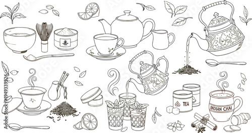 Vector illustration set of tea culture elements including teapots cups matcha whisk loose leaves and spices like cinnamon ginger and lemon isolated on white background
