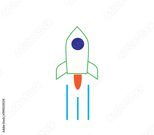 Startup rocket launch and business growth. Vector illustration of space rocket flying up with green arrow representing success and rapid development