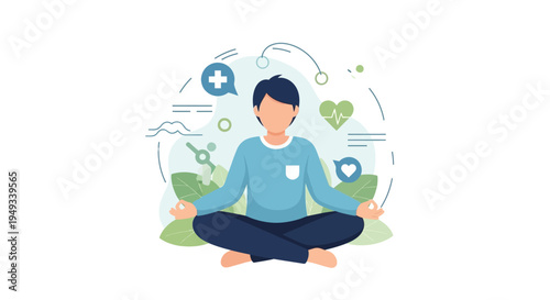 Mindful Meditation & Wellness: Person in Lotus Pose Practicing Self-Care for Mental and Physical Health. Flat Vector Illustration with Health Icons.