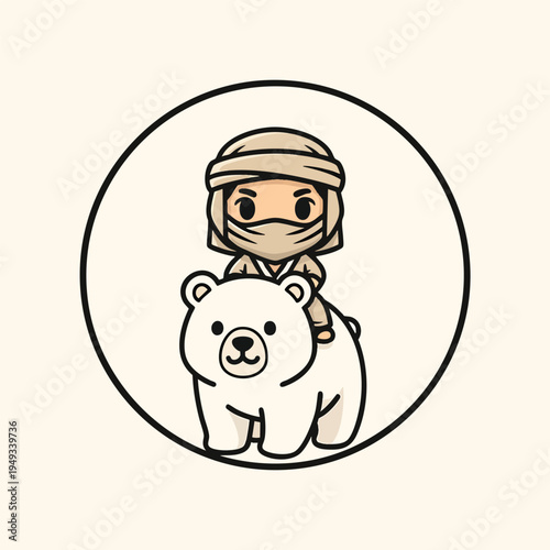 A cartoon character wearing a turban and a face covering riding a polar bear inside of a circular black border