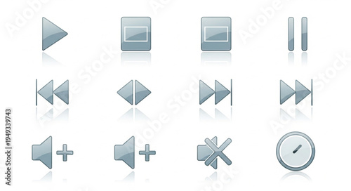 Collection of glossy media player icons with reflections.