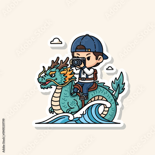 A cartoon character with a blue cap and backpack takes a photo while riding a sea dragon above stylized waves, with a white border