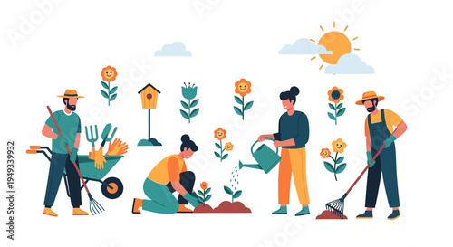 Diverse Group of Gardeners Planting and Tending Flowers with Tools Under Sunny Skies, Flat Vector Illustration